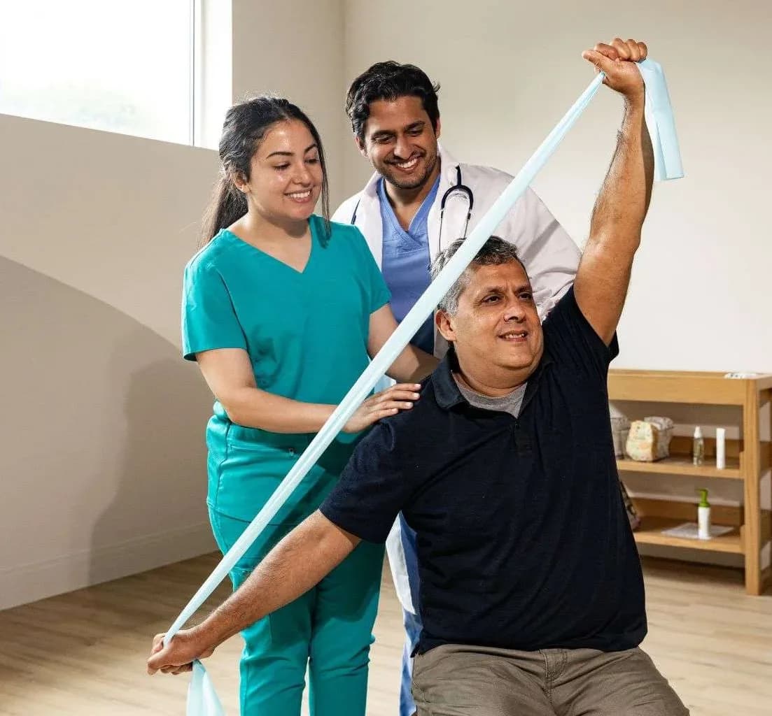 Clinicians guiding a patient through a resistance-band exercise